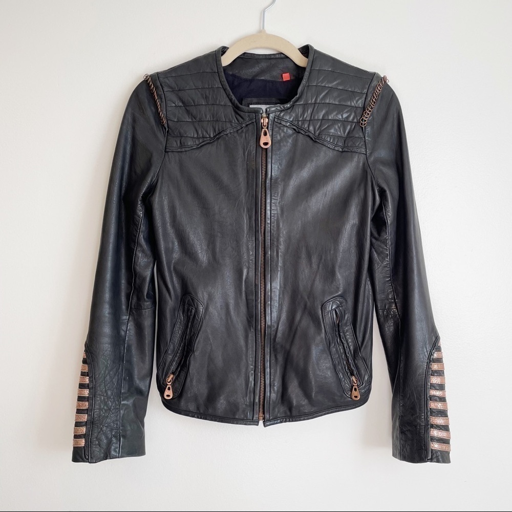DOMA Leather jacket coat Moto Biker full zip solid black small motorcycle goth S - Picture 7 of 7